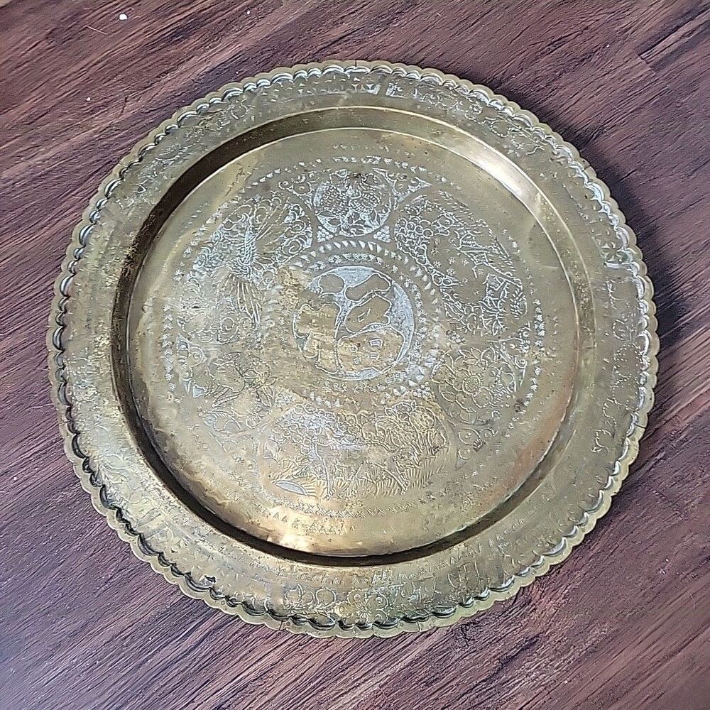 Lg Vtg Oriental Brass Serving Tray or Wall Decor Hong Kong w/hanger + Stand Boho
